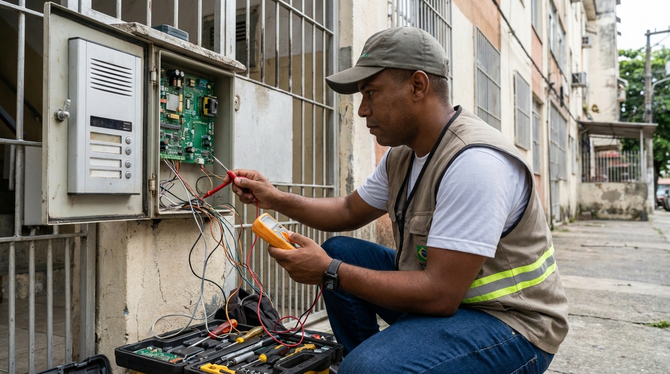 Eletricista consertando interfone em Goiânia‑GO
