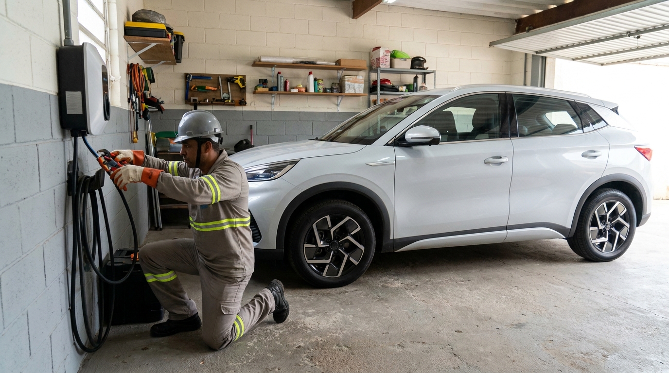 Eletricista instalando carregador de carro eletrico em Goiânia‑GO