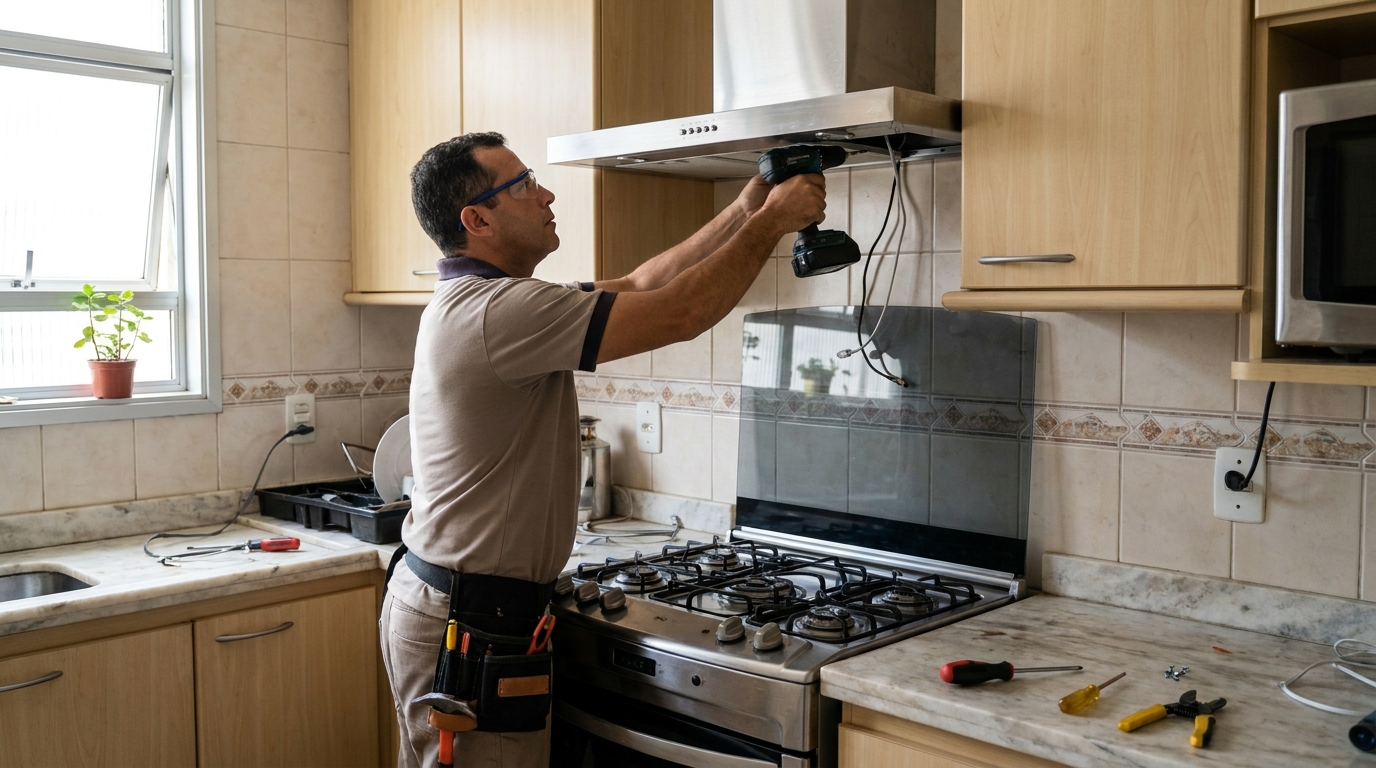 Eletricista instalando coifa em Goiânia‑GO