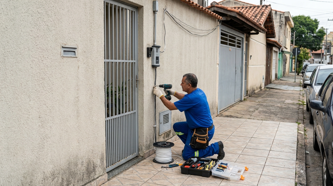 Eletricista instalando interfone em Goiânia‑GO