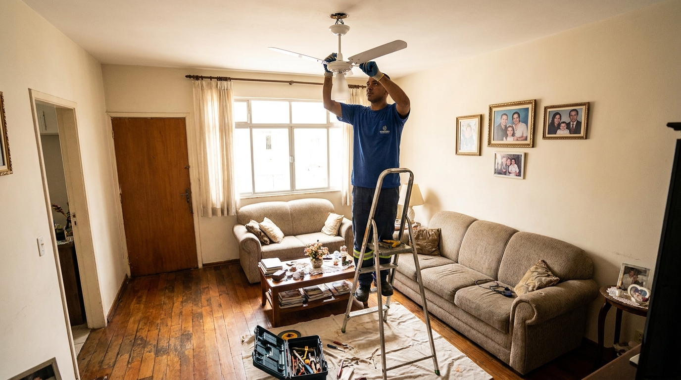 Eletricista instalando ventilador de teto em Goiânia‑GO